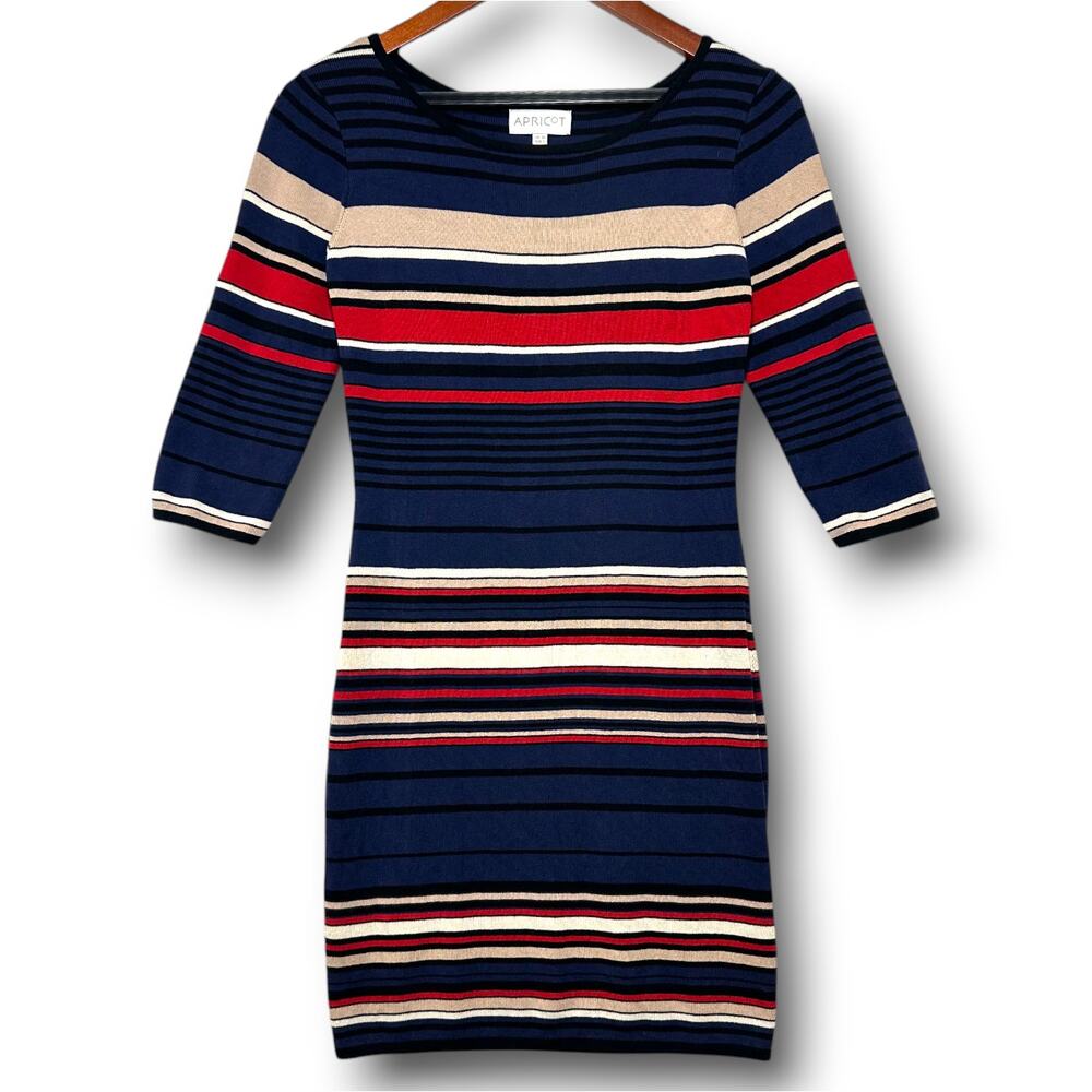 Apricot 6 Small Striped‎ 3/4 Midi Scoop Neck Colorful Dress Stretch Retro Formal
